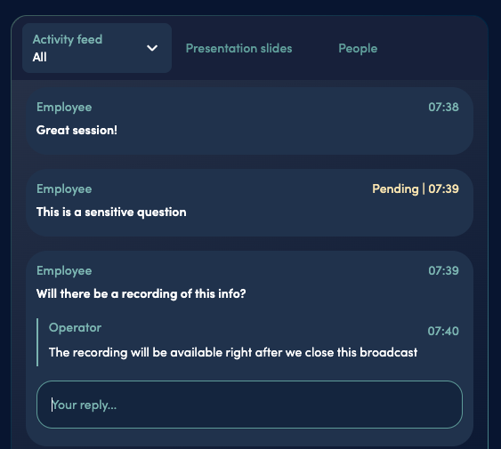 Moderator view of live chat with messages pending review